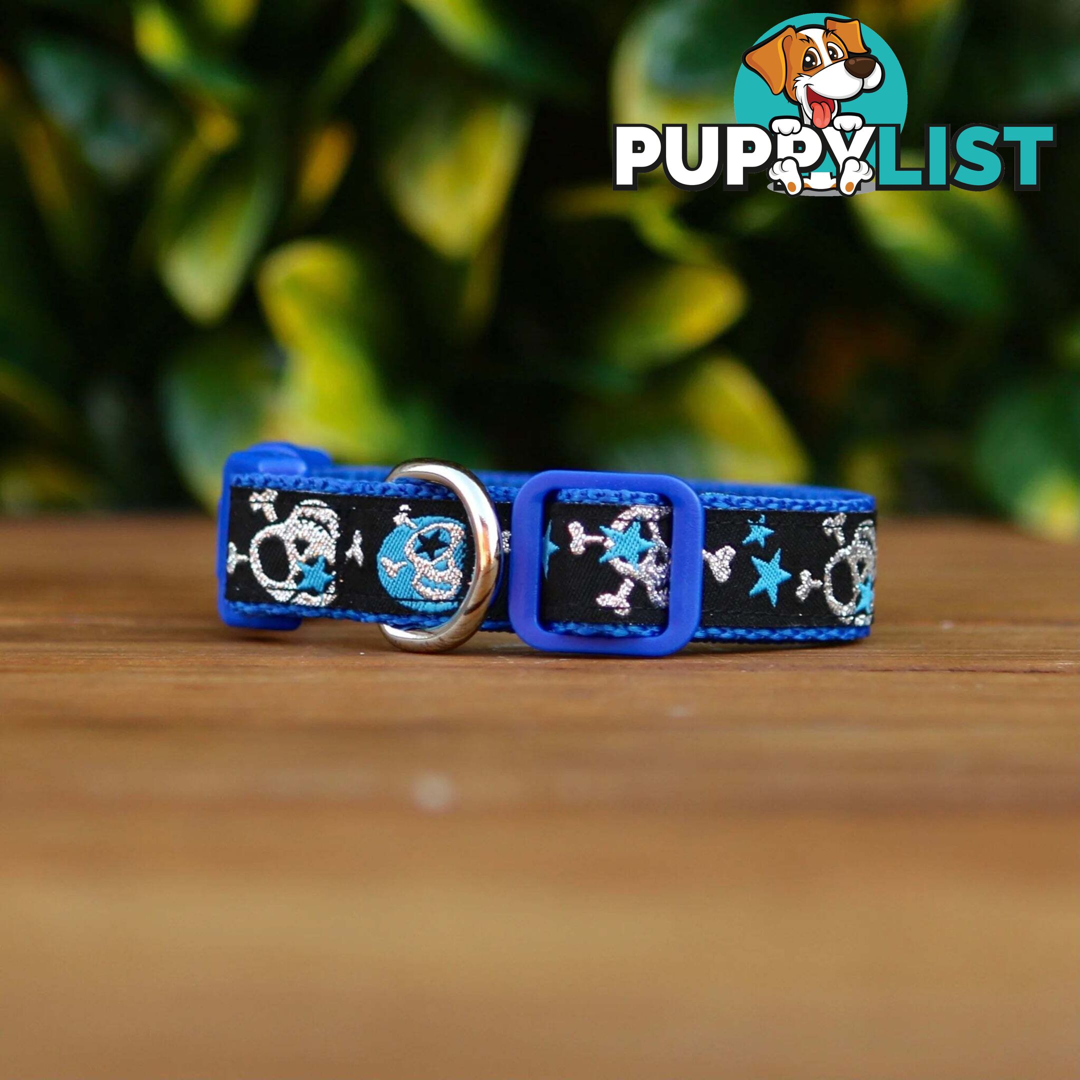Skulls & Stars Dog Collar - Hand Made by The Bark Side - TBSSKUMEDBLU