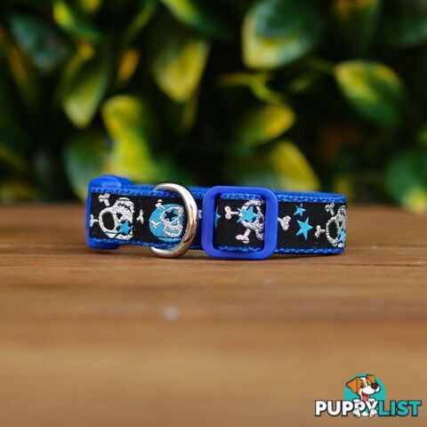 Skulls & Stars Dog Collar - Hand Made by The Bark Side - TBSSKUMEDBLU