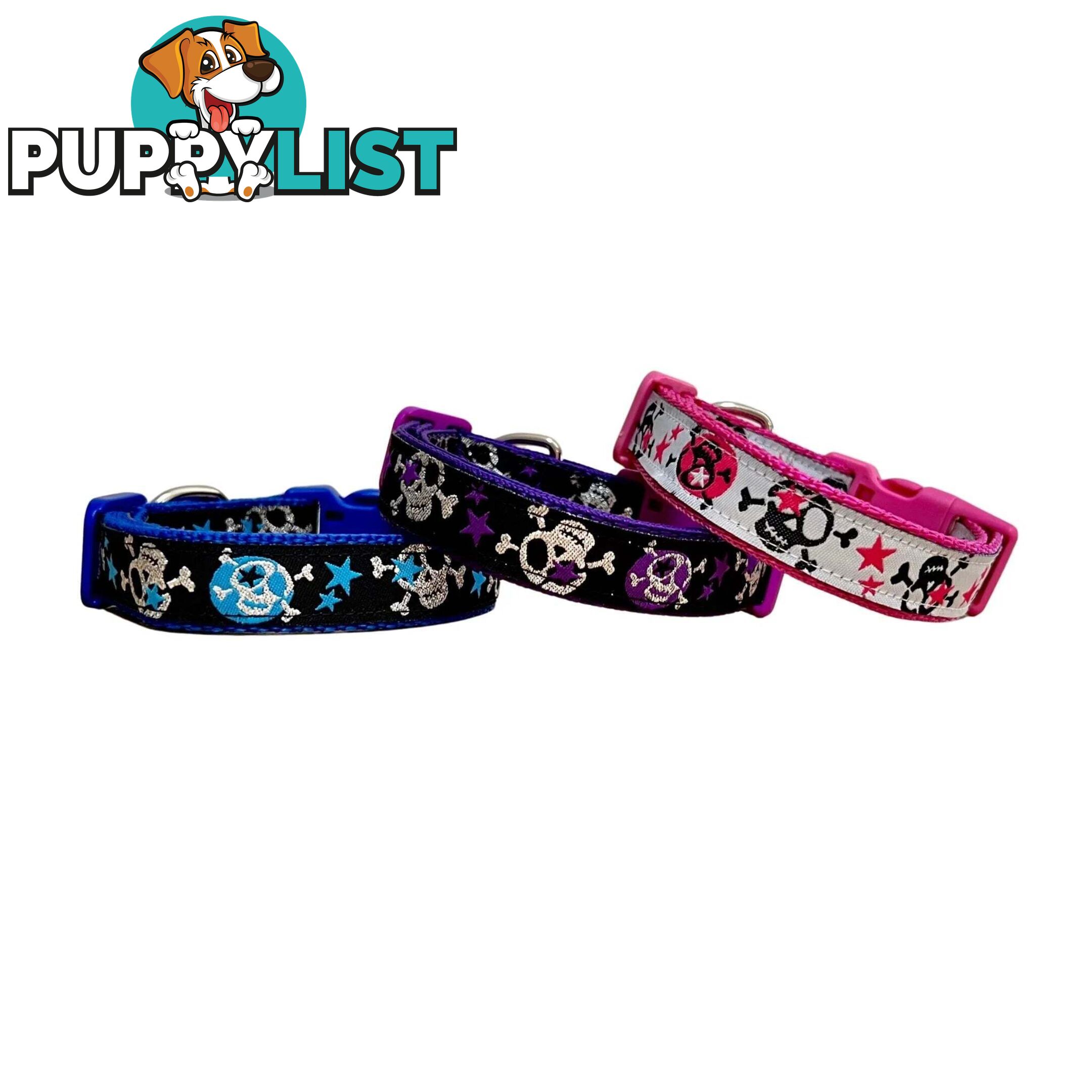 Skulls & Stars Dog Collar - Hand Made by The Bark Side - TBSSKUMEDBLU