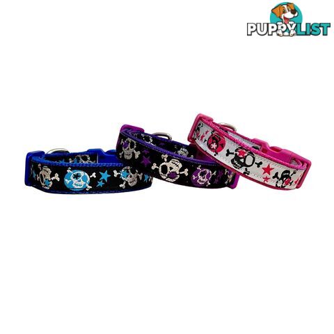 Skulls & Stars Dog Collar - Hand Made by The Bark Side - TBSSKUMEDBLU