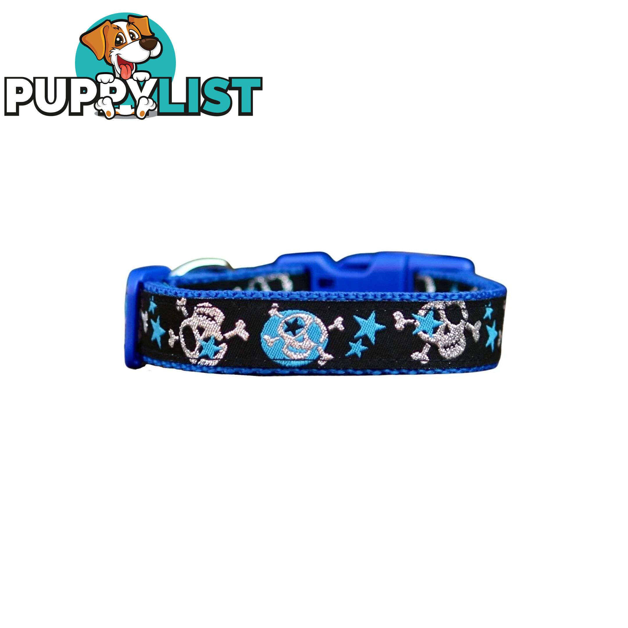 Skulls & Stars Dog Collar - Hand Made by The Bark Side - TBSSKUMEDBLU