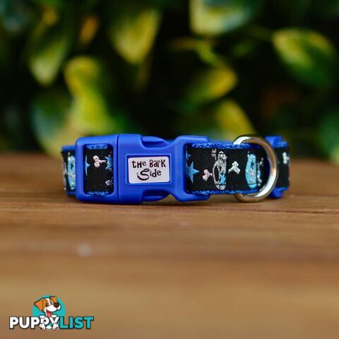 Skulls & Stars Dog Collar - Hand Made by The Bark Side - TBSSKUMEDBLU