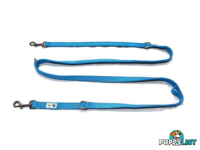 Multi Dog Lead - Nylon w/Reflective Stitching - Double Clip ,Coupler, Waist Belt, Short/Long, Quicktie Moondidley Pets - MDPLDMUL25LBLU