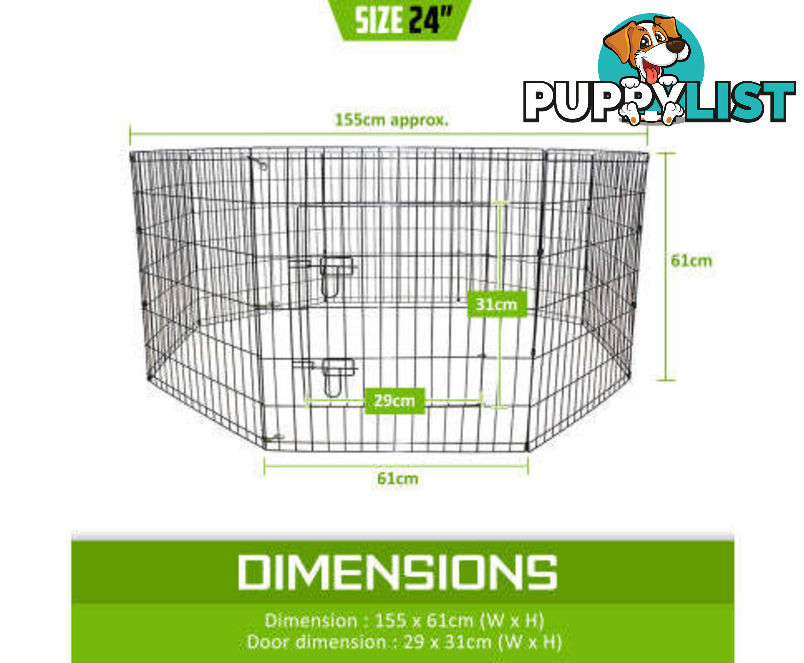 Paw Mate Pet Playpen 8 Panel Foldable Dog Cage + Cover - V274-PET-PP36-PPCV36-GN