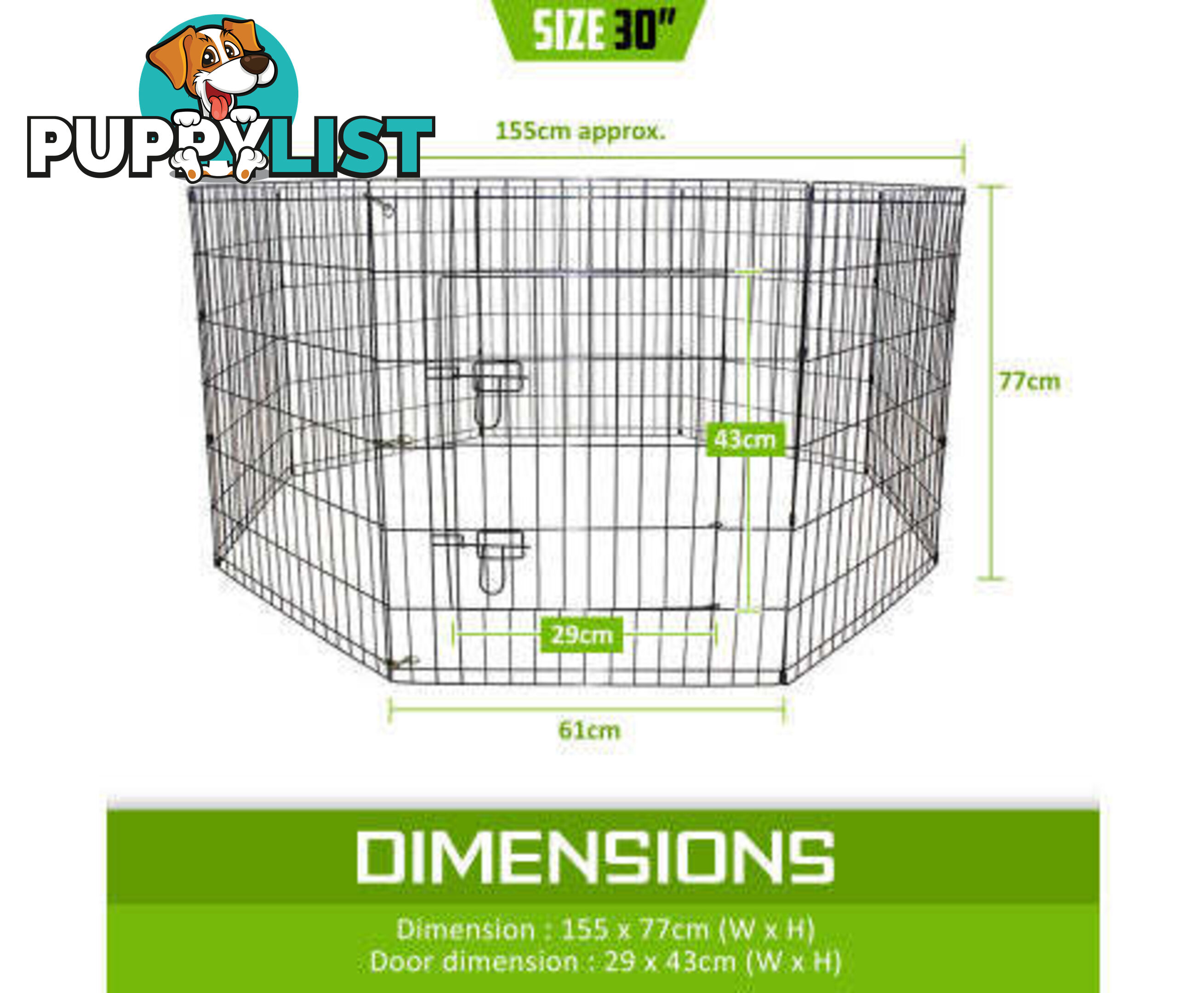 Paw Mate Pet Playpen 8 Panel Foldable Dog Cage + Cover - V274-PET-PP36-PPCV36-GN
