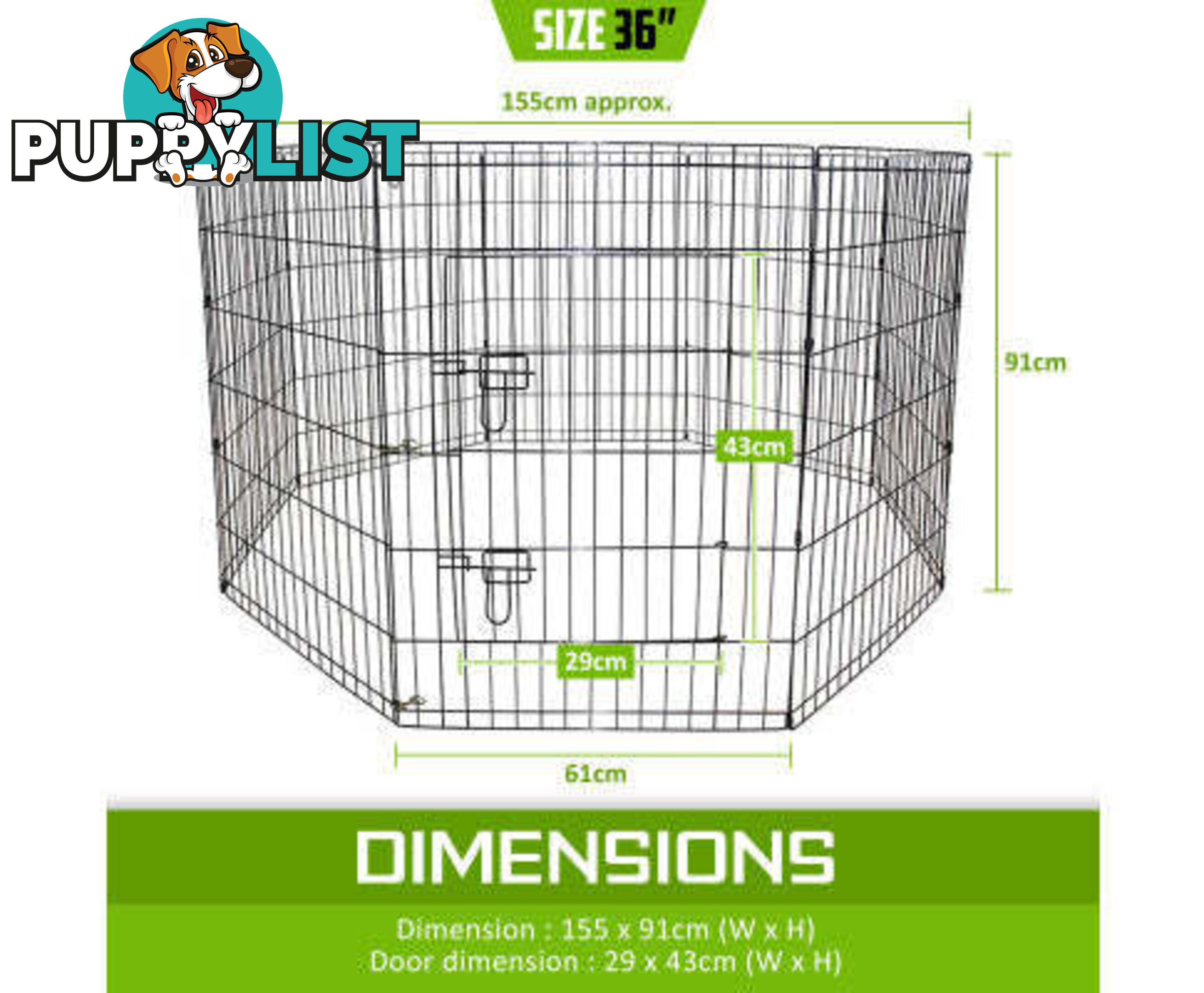 Paw Mate Pet Playpen 8 Panel Foldable Dog Cage + Cover - V274-PET-PP36-PPCV36-GN