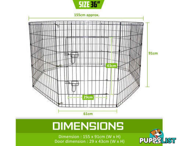 Paw Mate Pet Playpen 8 Panel Foldable Dog Cage + Cover - V274-PET-PP36-PPCV36-GN