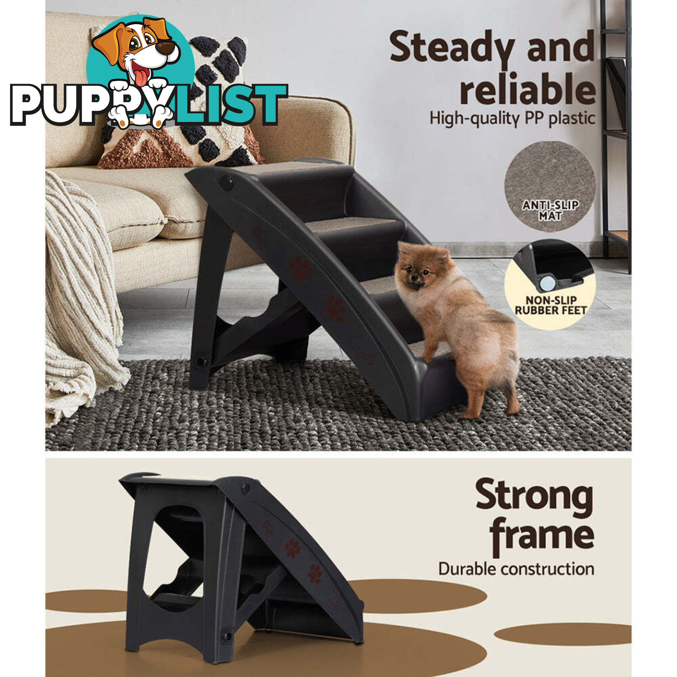 i.Pet Dog Ramp Steps For Bed Sofa Car Pet Stairs Ladder Portable Foldable Black - FDR-D-433-BK