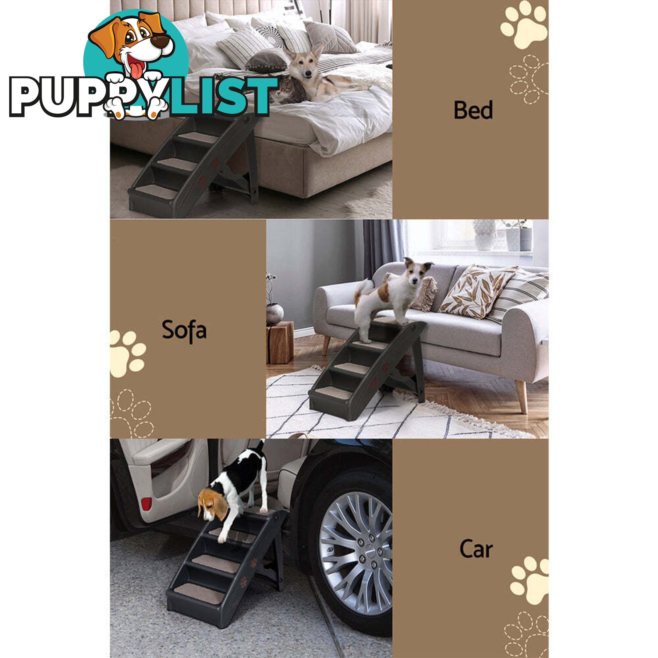 i.Pet Dog Ramp Steps For Bed Sofa Car Pet Stairs Ladder Portable Foldable Black - FDR-D-433-BK