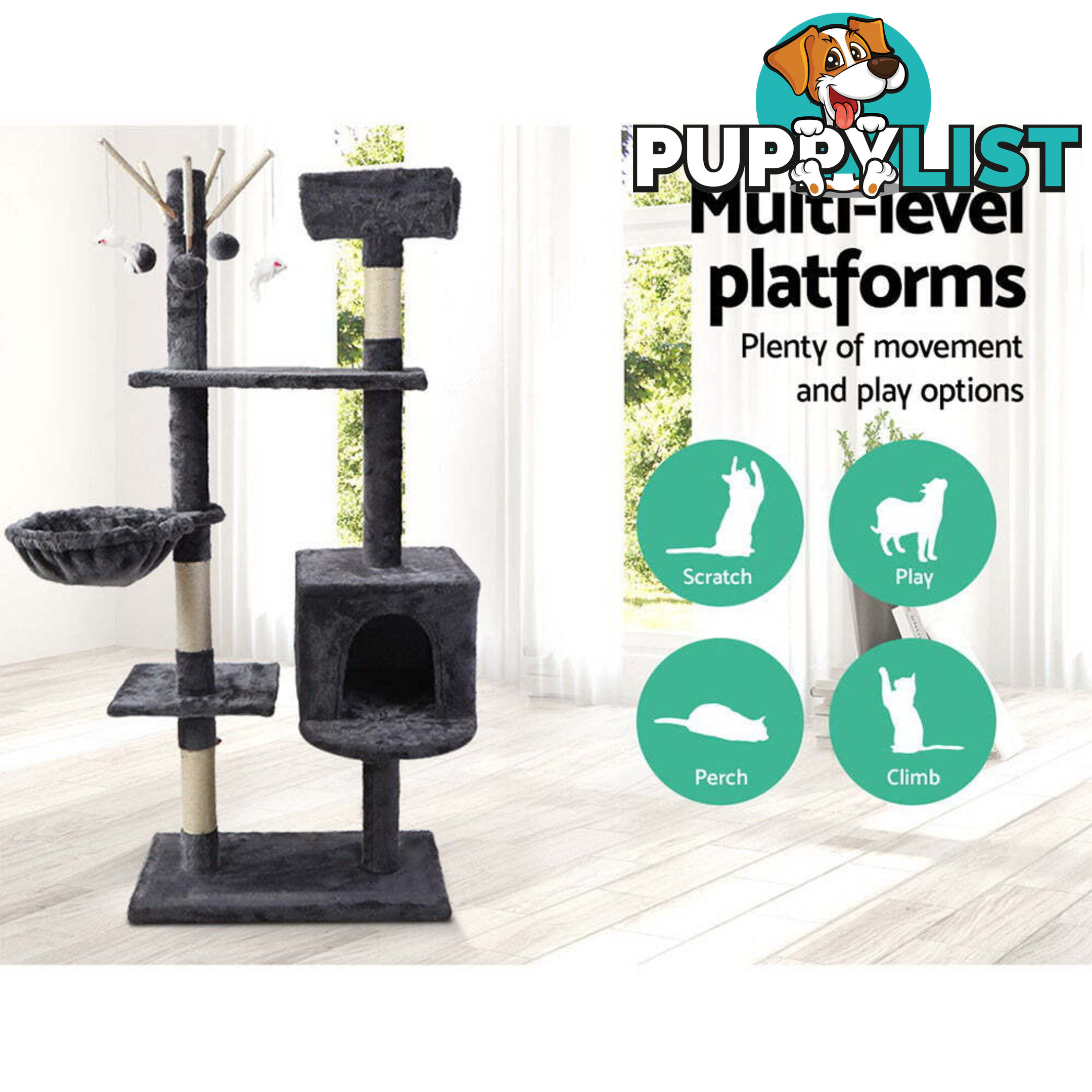 i.Pet Cat Tree 140cm Tower Scratching Post Scratcher Trees Toys Condo Bed Grey - PET-CAT-FL08-GR