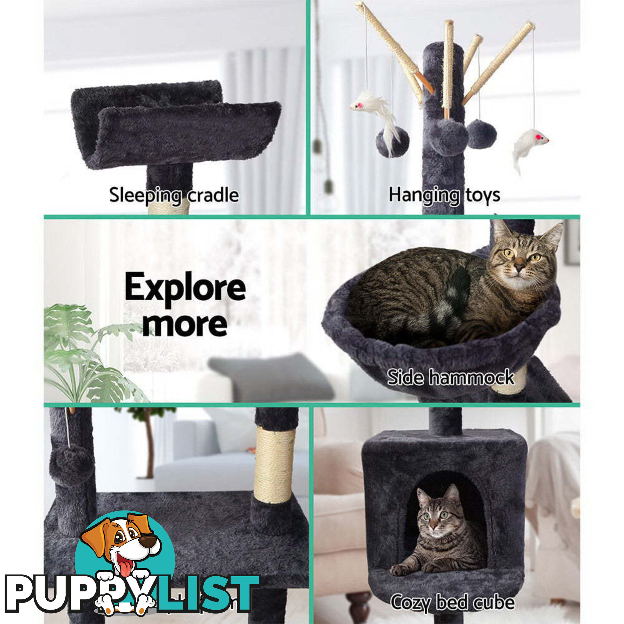 i.Pet Cat Tree 140cm Tower Scratching Post Scratcher Trees Toys Condo Bed Grey - PET-CAT-FL08-GR