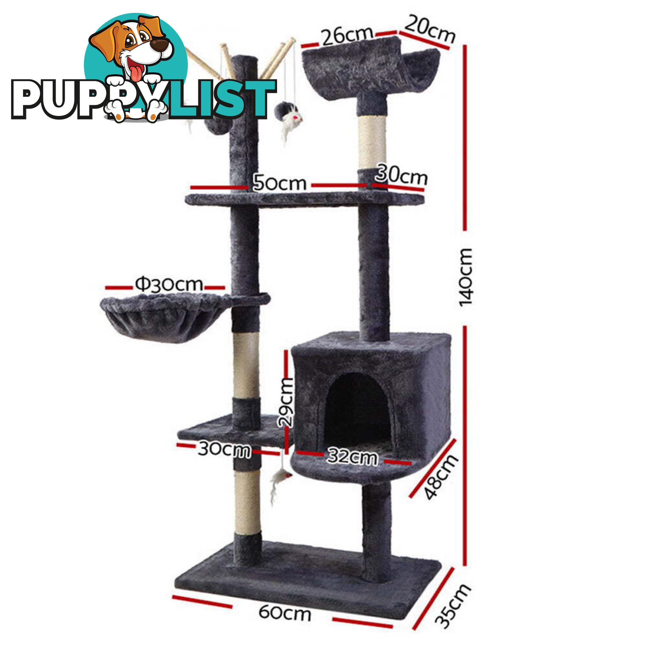 i.Pet Cat Tree 140cm Tower Scratching Post Scratcher Trees Toys Condo Bed Grey - PET-CAT-FL08-GR