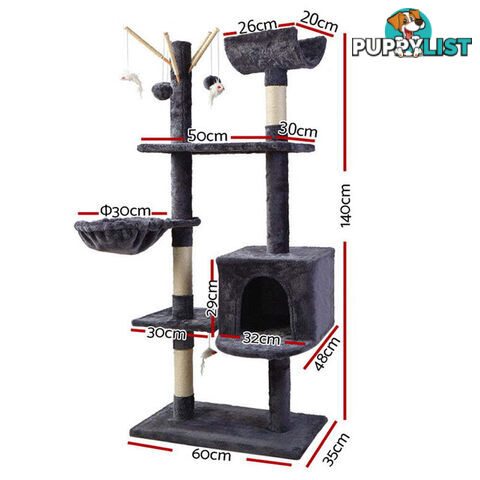 i.Pet Cat Tree 140cm Tower Scratching Post Scratcher Trees Toys Condo Bed Grey - PET-CAT-FL08-GR