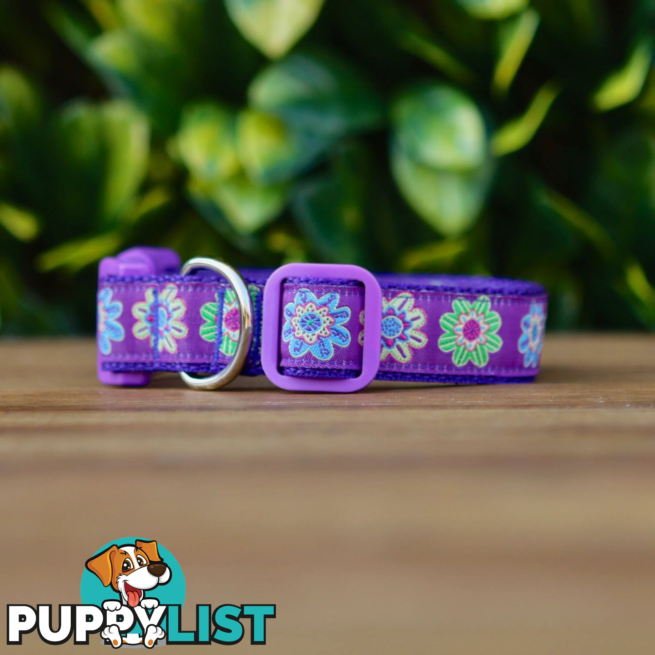 Purple Flower Dog Collar - Hand Made by The Bark Side - TBSFLOMED