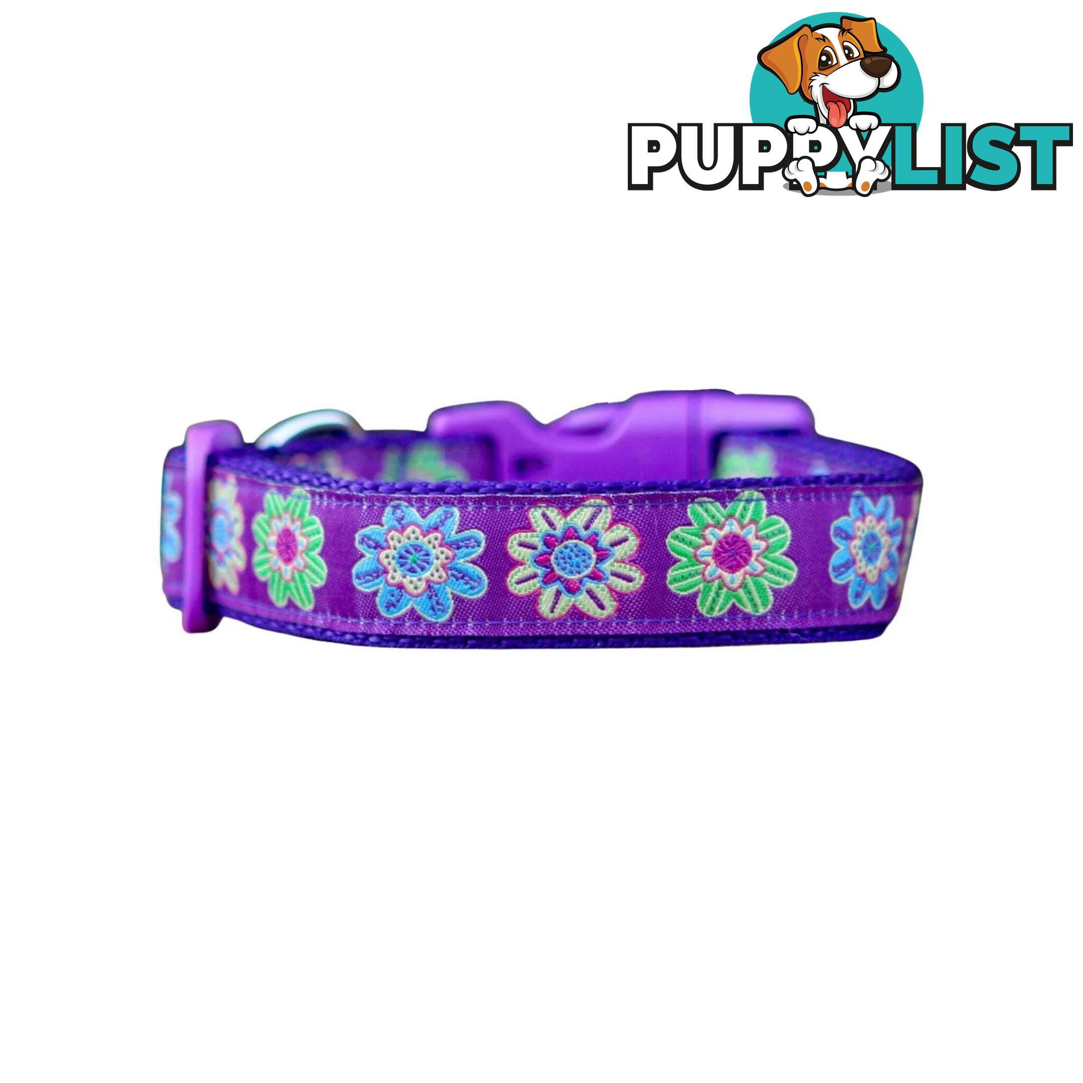 Purple Flower Dog Collar - Hand Made by The Bark Side - TBSFLOMED