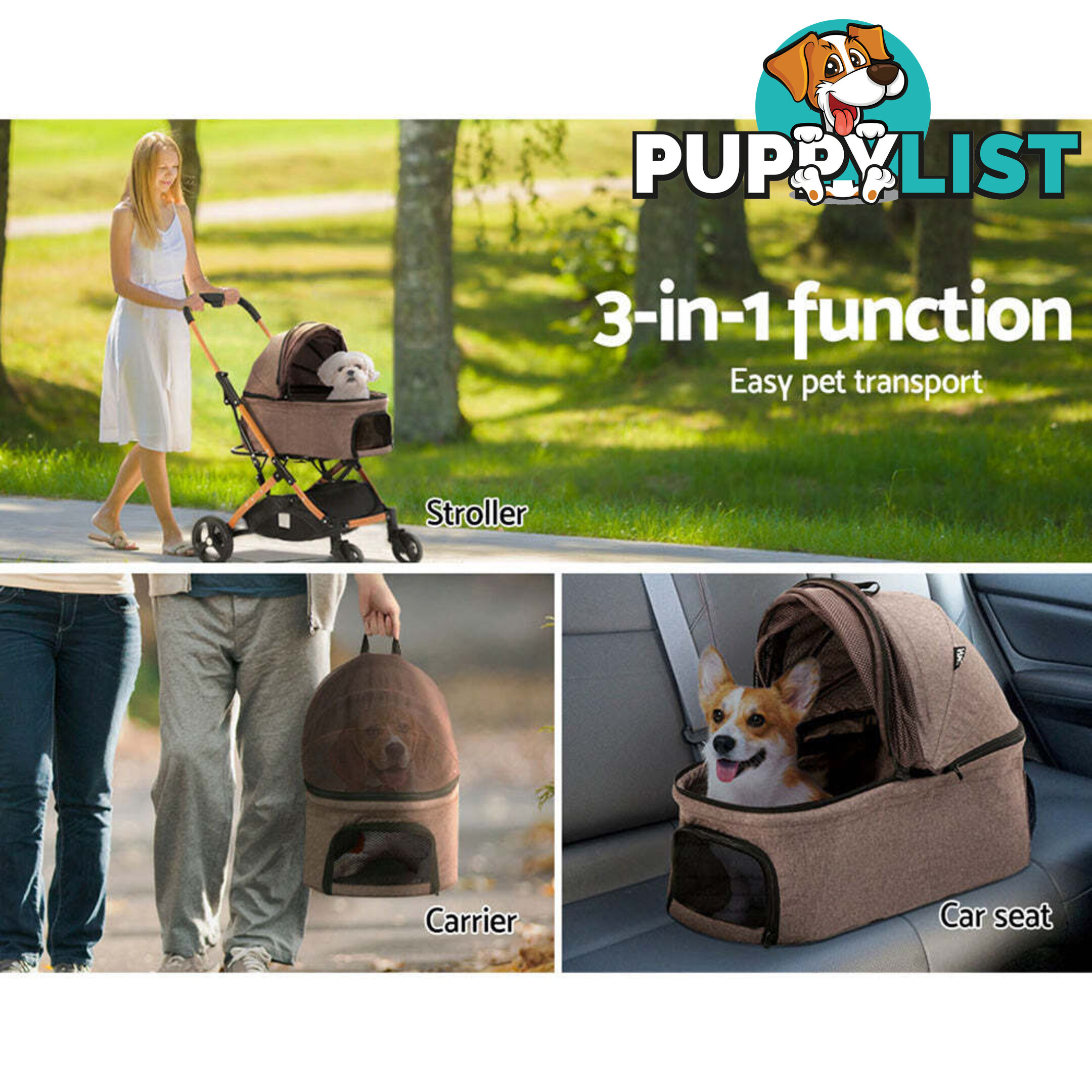 i.Pet Pet Stroller Dog Pram Large Cat Carrier Travel Foldable 4 Wheels Pushchair Double - PET-STROLLER-100-BR