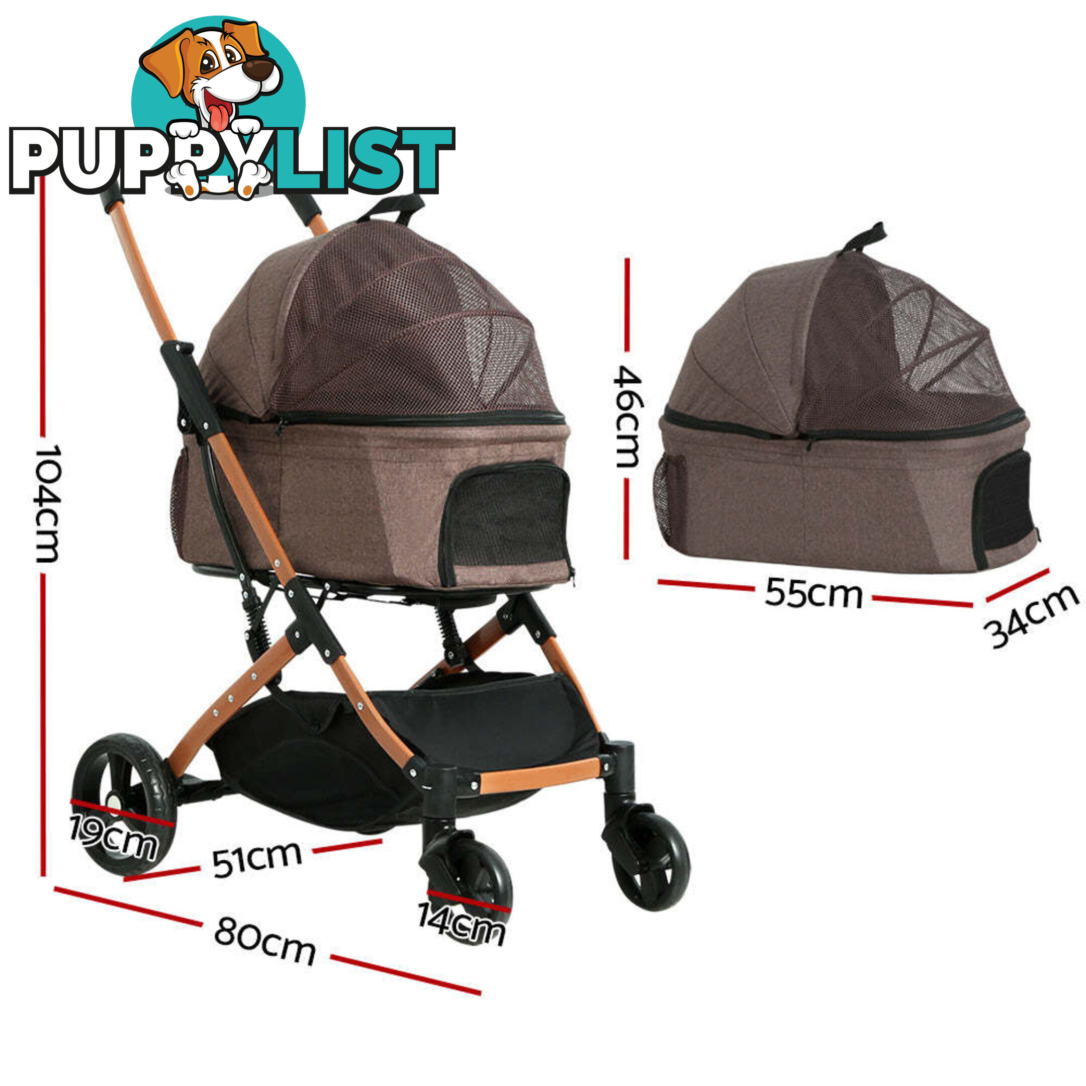i.Pet Pet Stroller Dog Pram Large Cat Carrier Travel Foldable 4 Wheels Pushchair Double - PET-STROLLER-100-BR