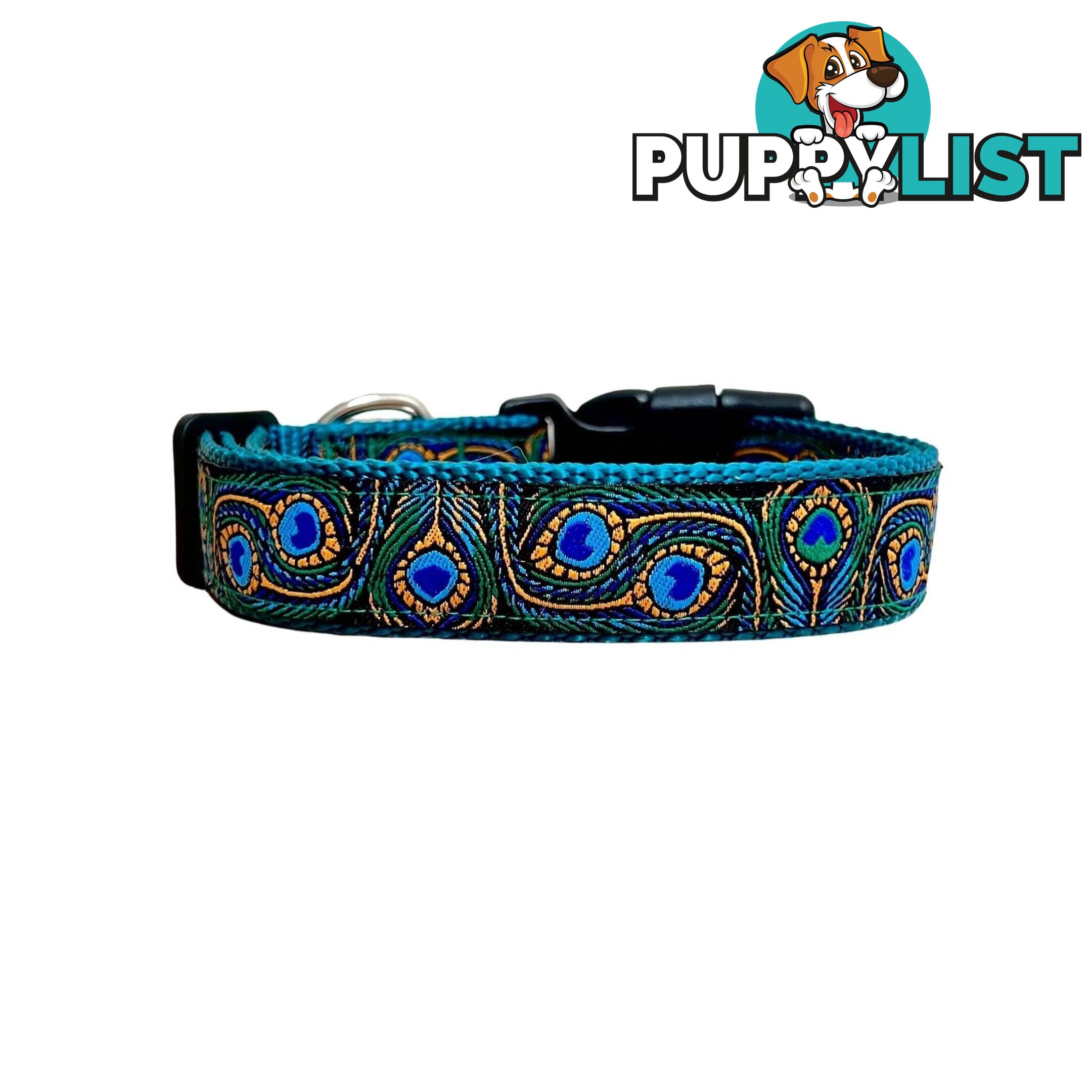 Peacock Feather Dog Collar - Hand Made by The Bark Side - TBSPEASMLBLU