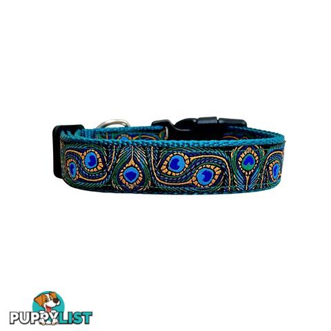 Peacock Feather Dog Collar - Hand Made by The Bark Side - TBSPEASMLBLU