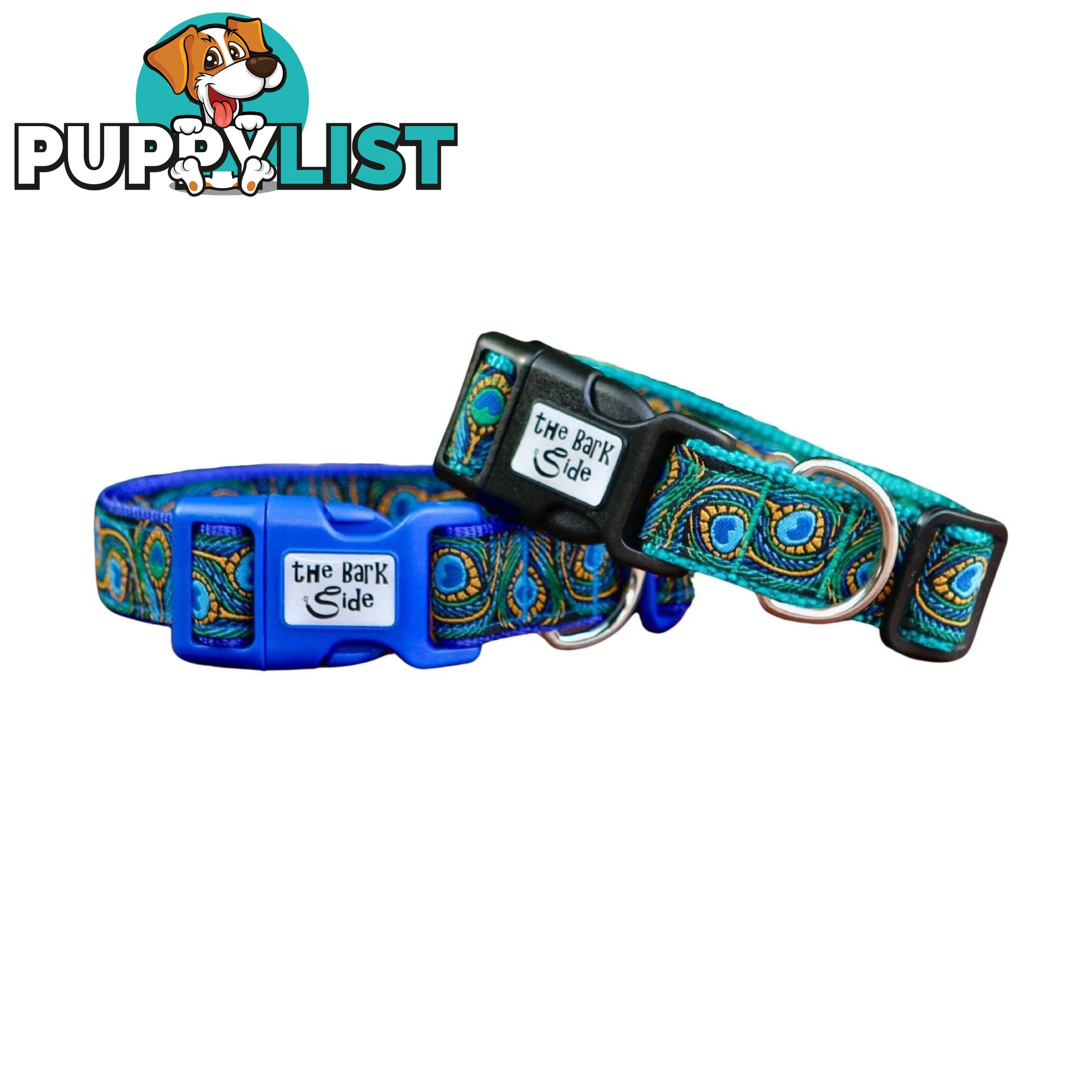 Peacock Feather Dog Collar - Hand Made by The Bark Side - TBSPEASMLBLU