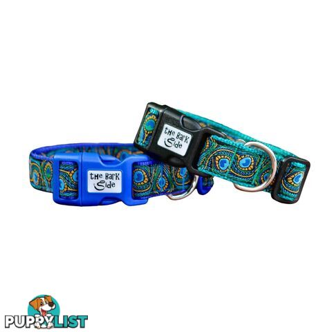 Peacock Feather Dog Collar - Hand Made by The Bark Side - TBSPEASMLBLU