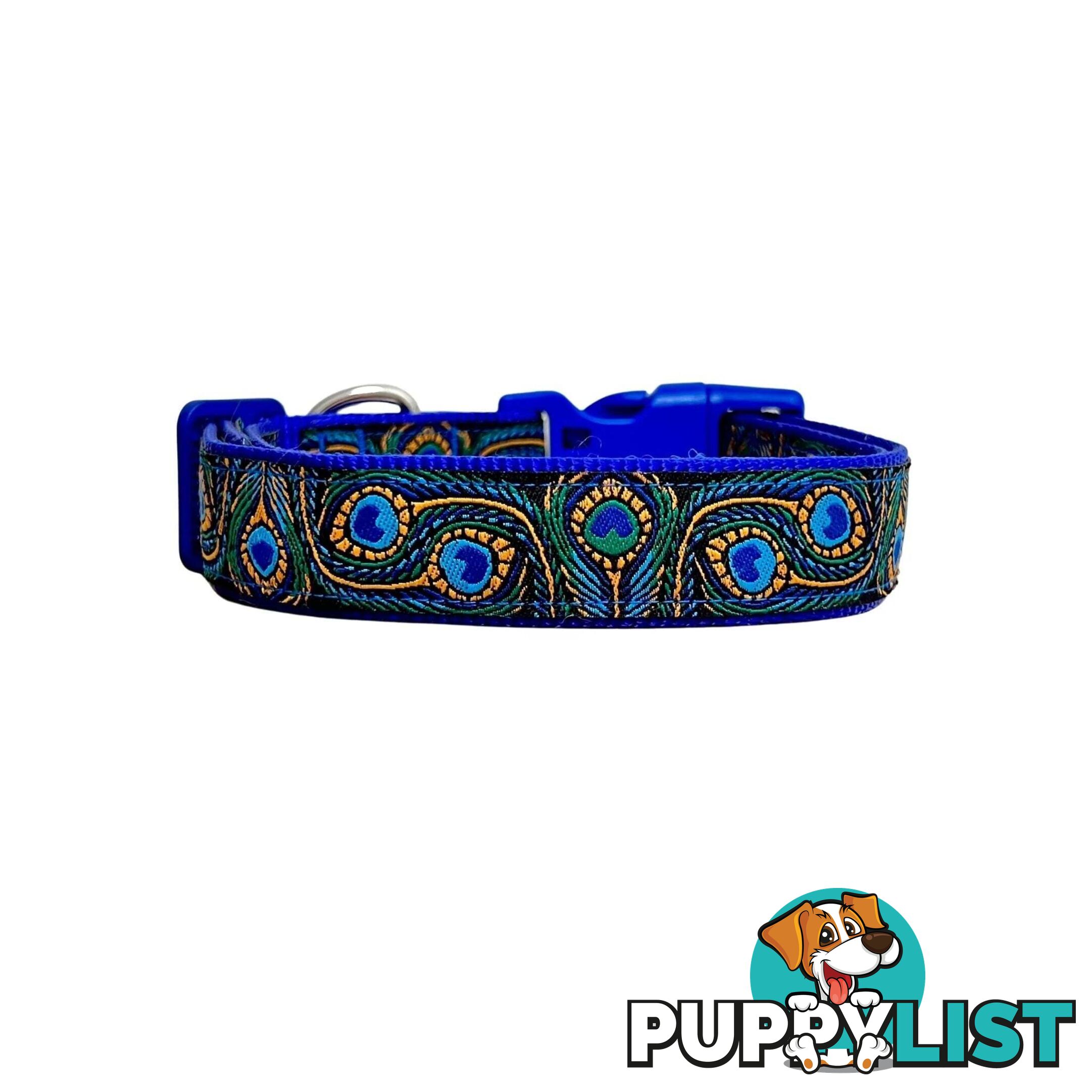 Peacock Feather Dog Collar - Hand Made by The Bark Side - TBSPEASMLBLU