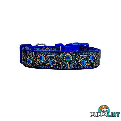 Peacock Feather Dog Collar - Hand Made by The Bark Side - TBSPEASMLBLU