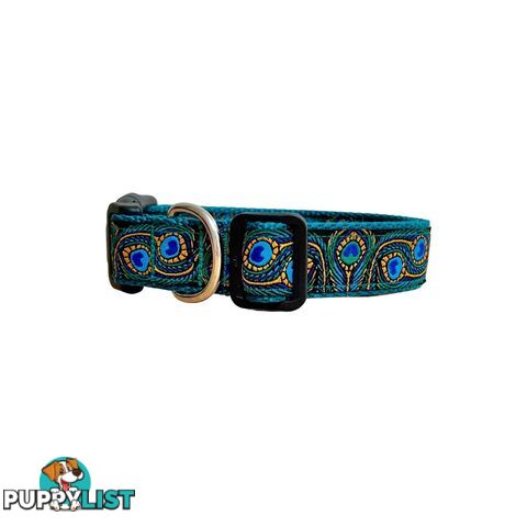 Peacock Feather Dog Collar - Hand Made by The Bark Side - TBSPEASMLBLU