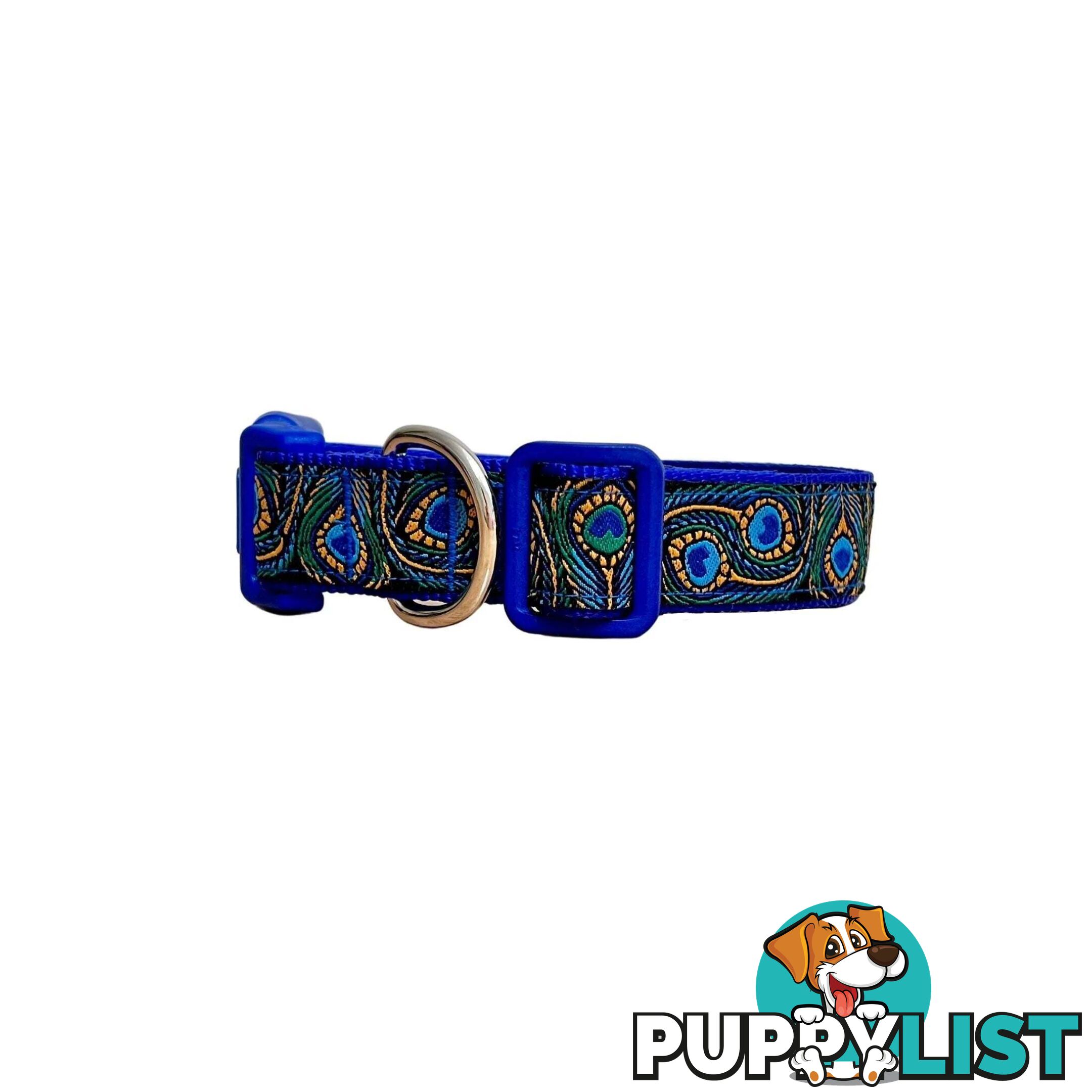 Peacock Feather Dog Collar - Hand Made by The Bark Side - TBSPEASMLBLU
