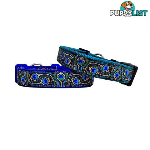 Peacock Feather Dog Collar - Hand Made by The Bark Side - TBSPEASMLBLU