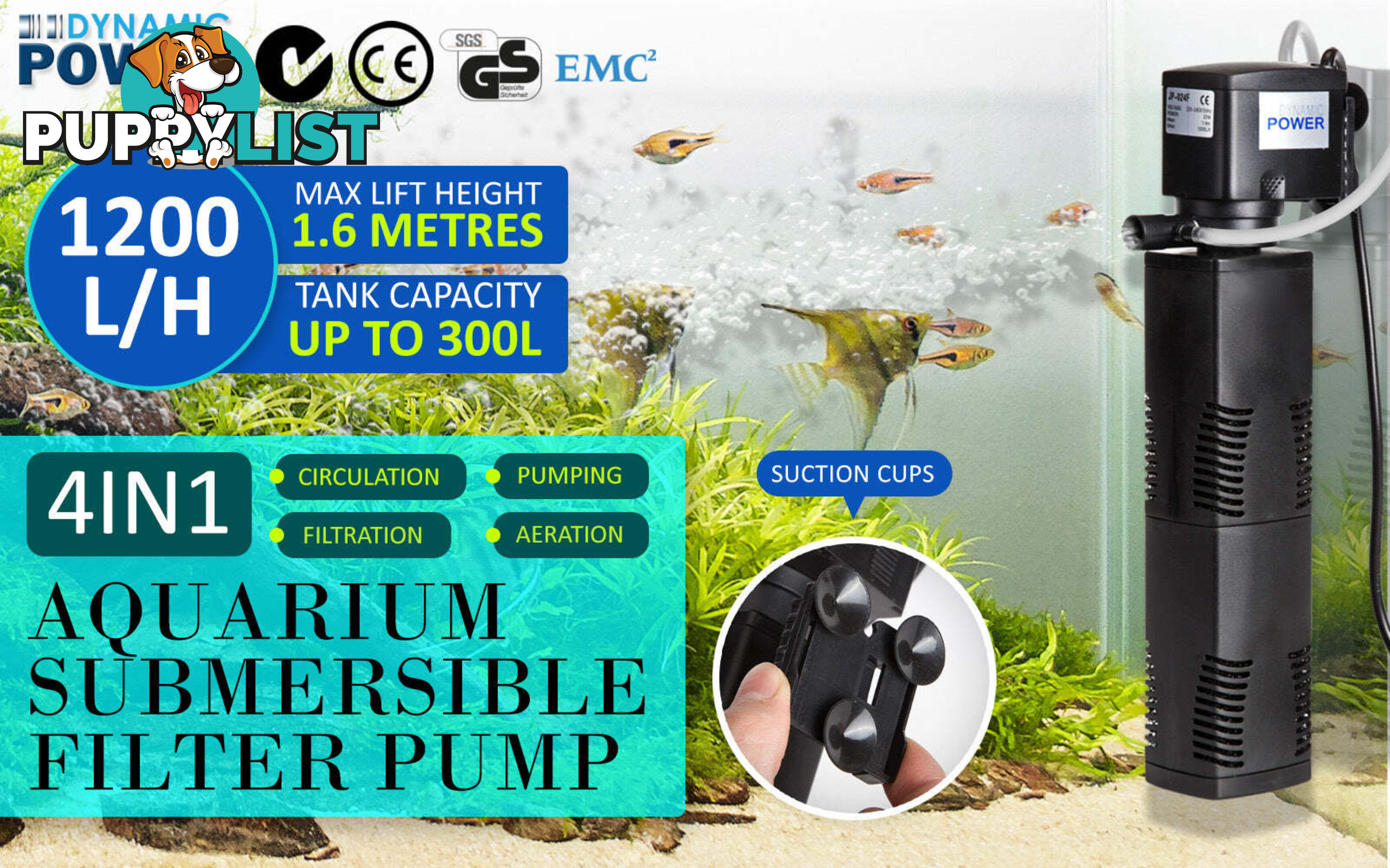 Aquarium Submersible Filter Pond Pump 1200L/H 22W 1.6m - V274-AQ-JP024F-22
