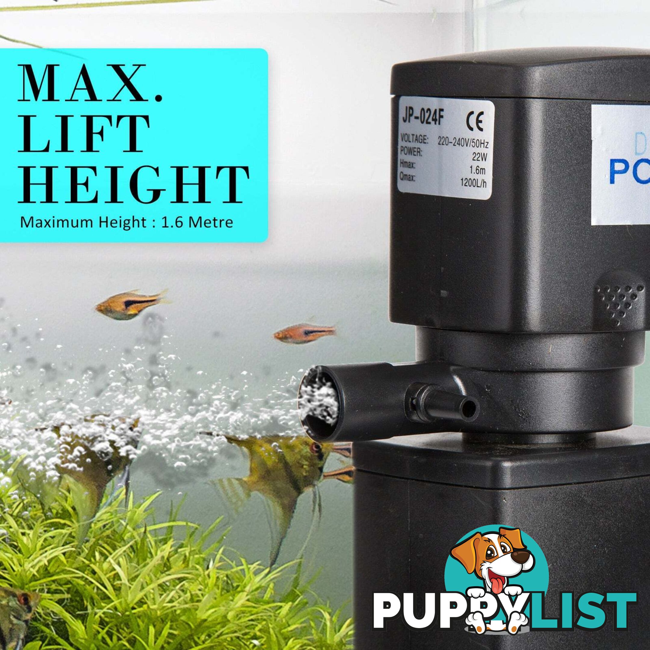 Aquarium Submersible Filter Pond Pump 1200L/H 22W 1.6m - V274-AQ-JP024F-22