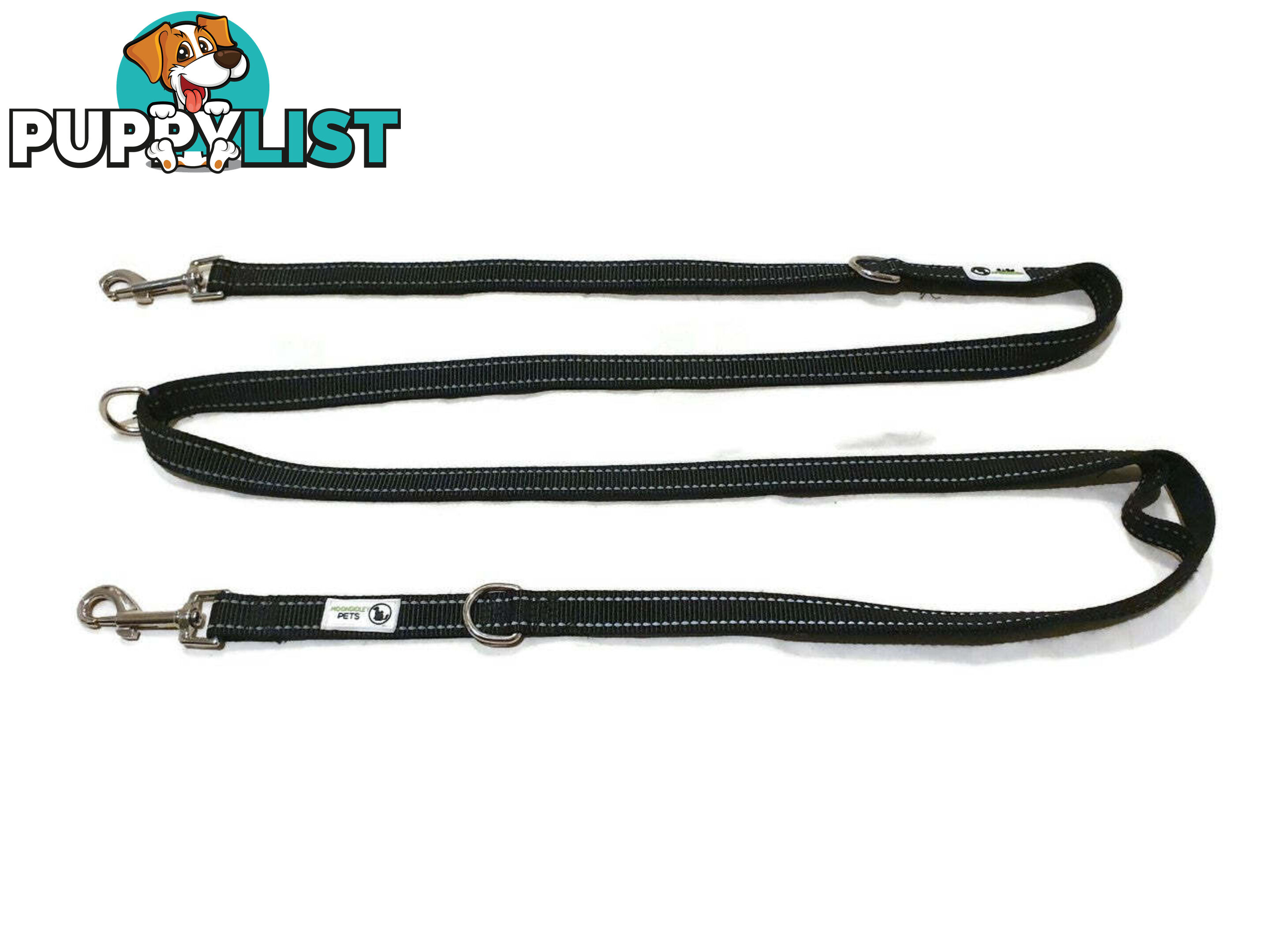 Multi Dog Lead - Nylon w/Reflective Stitching - Double Clip ,Coupler, Waist Belt, Short/Long, Quicktie Moondidley Pets - MDPLDMUL20TUR