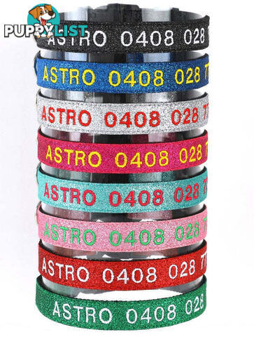 Doggie ID Collar - Bling Glitter Overlay Nylon Collar, Embroidered Personised Custom. - GC-DIC-BLING-M-BLK