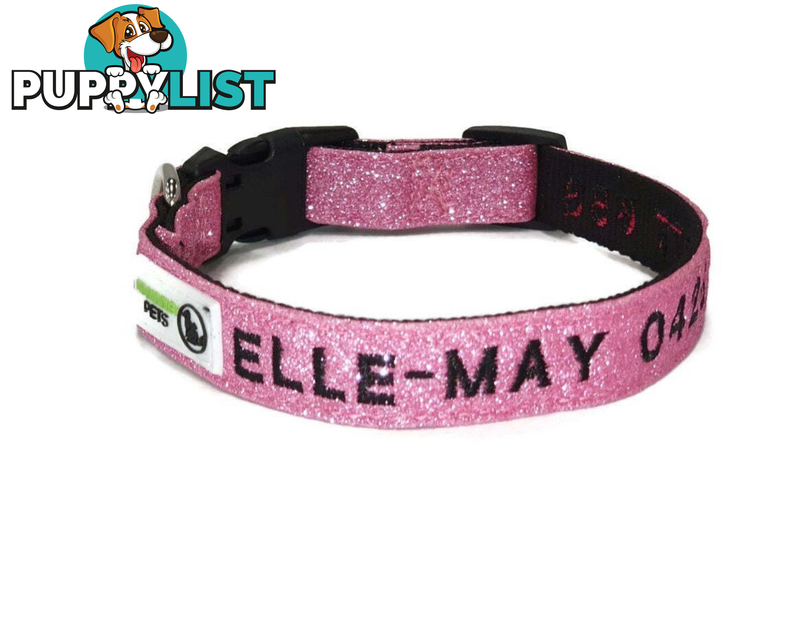 Doggie ID Collar - Bling Glitter Overlay Nylon Collar, Embroidered Personised Custom. - GC-DIC-BLING-M-BLK