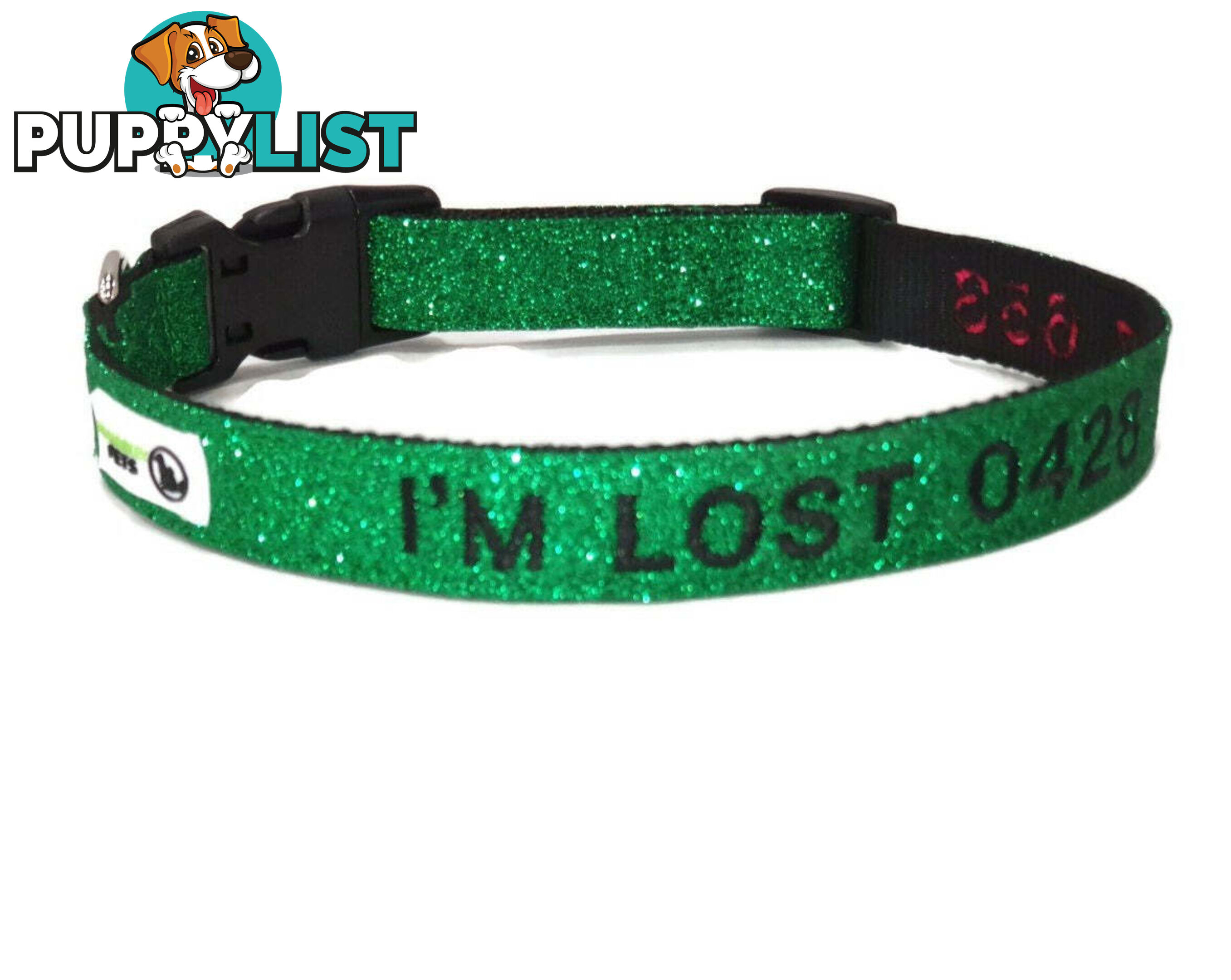 Doggie ID Collar - Bling Glitter Overlay Nylon Collar, Embroidered Personised Custom. - GC-DIC-BLING-M-BLK