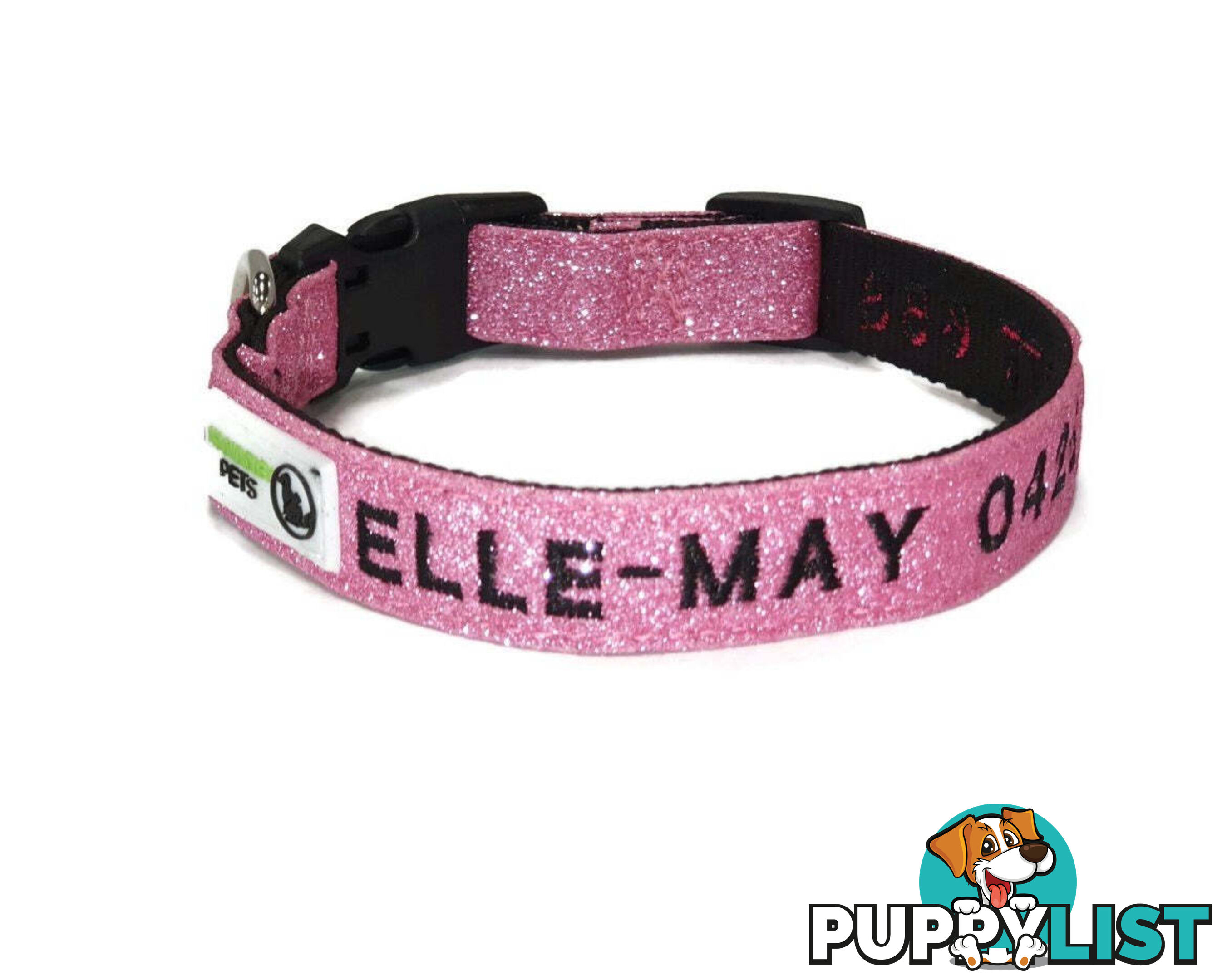 Doggie ID Collar - Bling Glitter Overlay Nylon Collar, Embroidered Personised Custom. - GC-DIC-BLING-XS-RED
