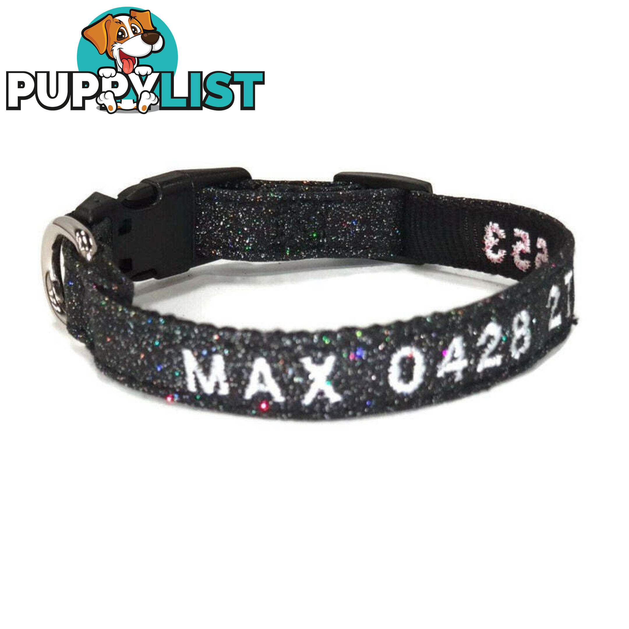 Doggie ID Collar - Bling Glitter Overlay Nylon Collar, Embroidered Personised Custom. - GC-DIC-BLING-XS-RED