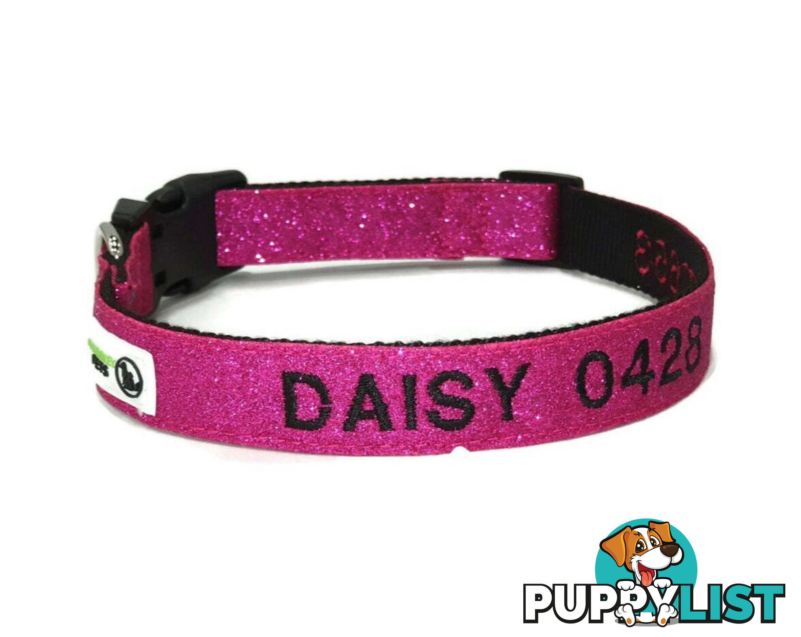 Doggie ID Collar - Bling Glitter Overlay Nylon Collar, Embroidered Personised Custom. - GC-DIC-BLING-XS-RED