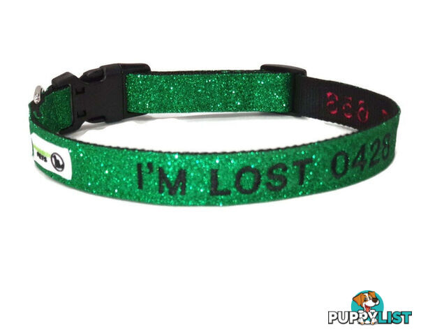 Doggie ID Collar - Bling Glitter Overlay Nylon Collar, Embroidered Personised Custom. - GC-DIC-BLING-XS-RED