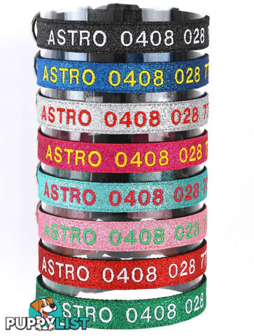 Doggie ID Collar - Bling Glitter Overlay Nylon Collar, Embroidered Personised Custom. - GC-DIC-BLING-XS-RED