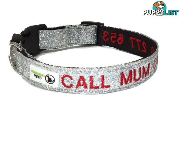 Doggie ID Collar - Bling Glitter Overlay Nylon Collar, Embroidered Personised Custom. - GC-DIC-BLING-XS-RED