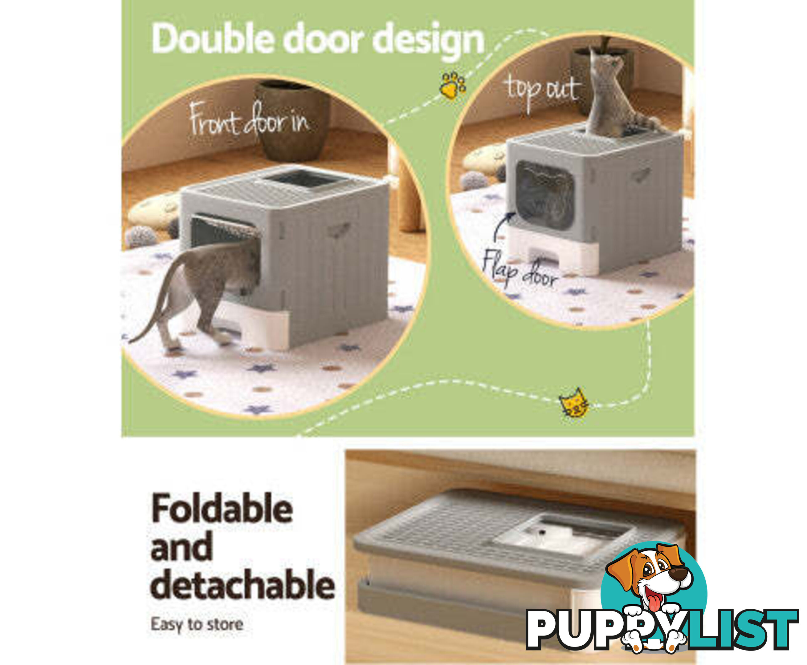 i.Pet Cat Litter Box Large Tray Kitty Toilet Enclosed Hooded Foldable Scoop Grey - PET-CLB-GR