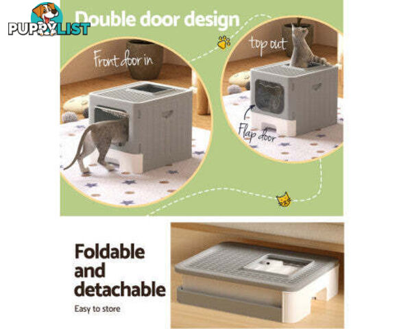 i.Pet Cat Litter Box Large Tray Kitty Toilet Enclosed Hooded Foldable Scoop Grey - PET-CLB-GR