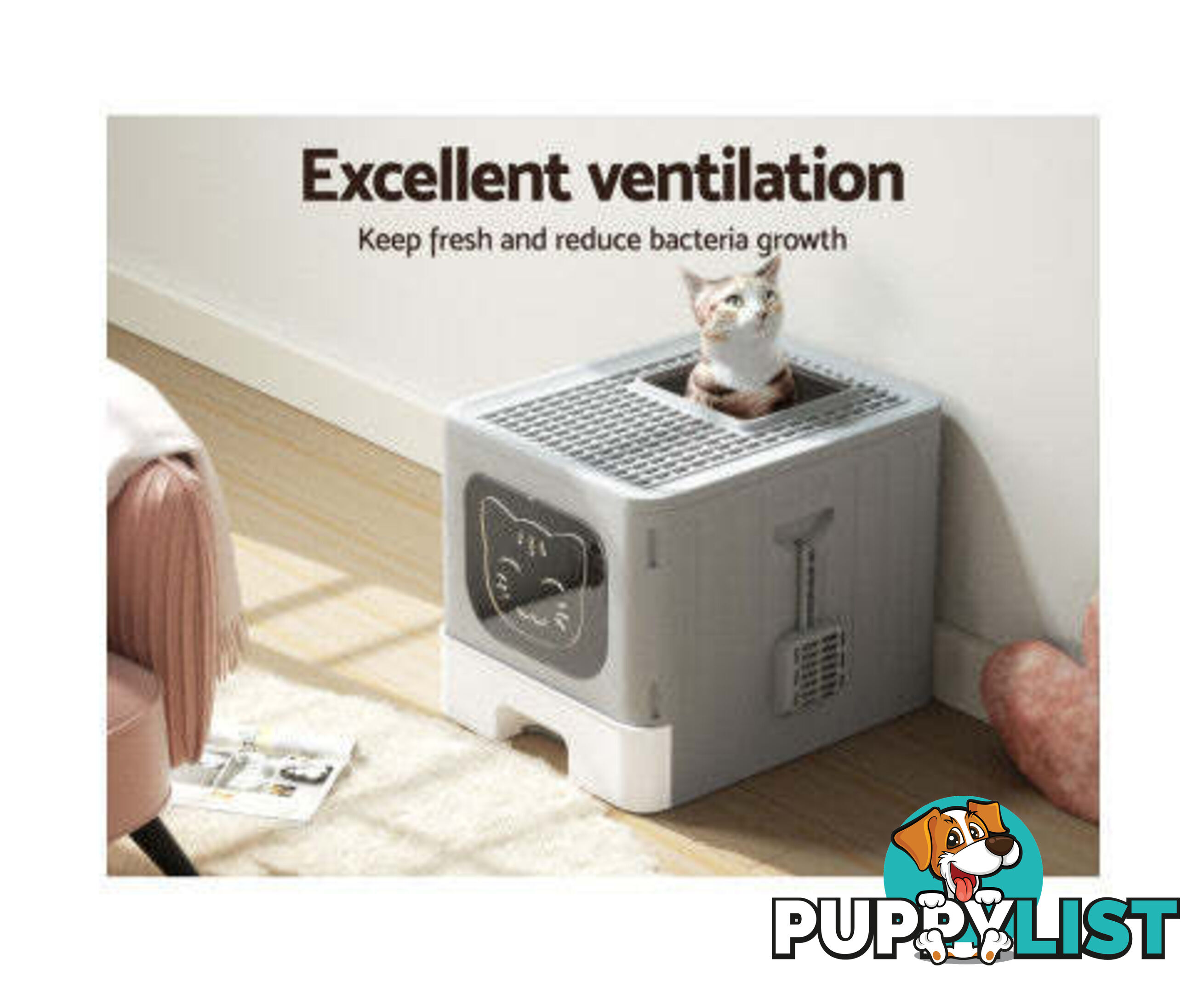 i.Pet Cat Litter Box Large Tray Kitty Toilet Enclosed Hooded Foldable Scoop Grey - PET-CLB-GR