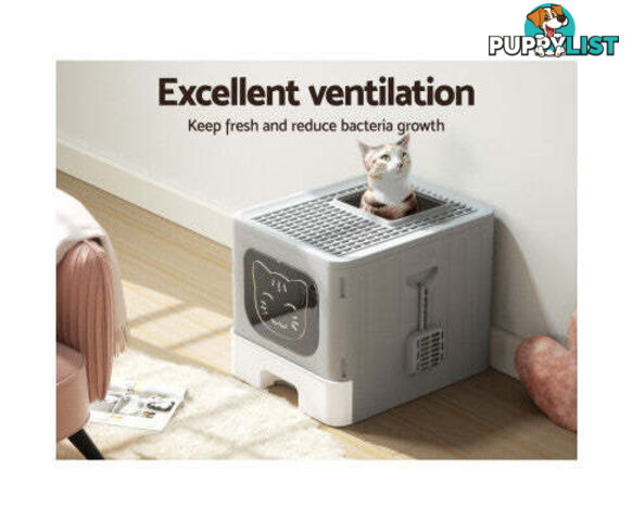 i.Pet Cat Litter Box Large Tray Kitty Toilet Enclosed Hooded Foldable Scoop Grey - PET-CLB-GR