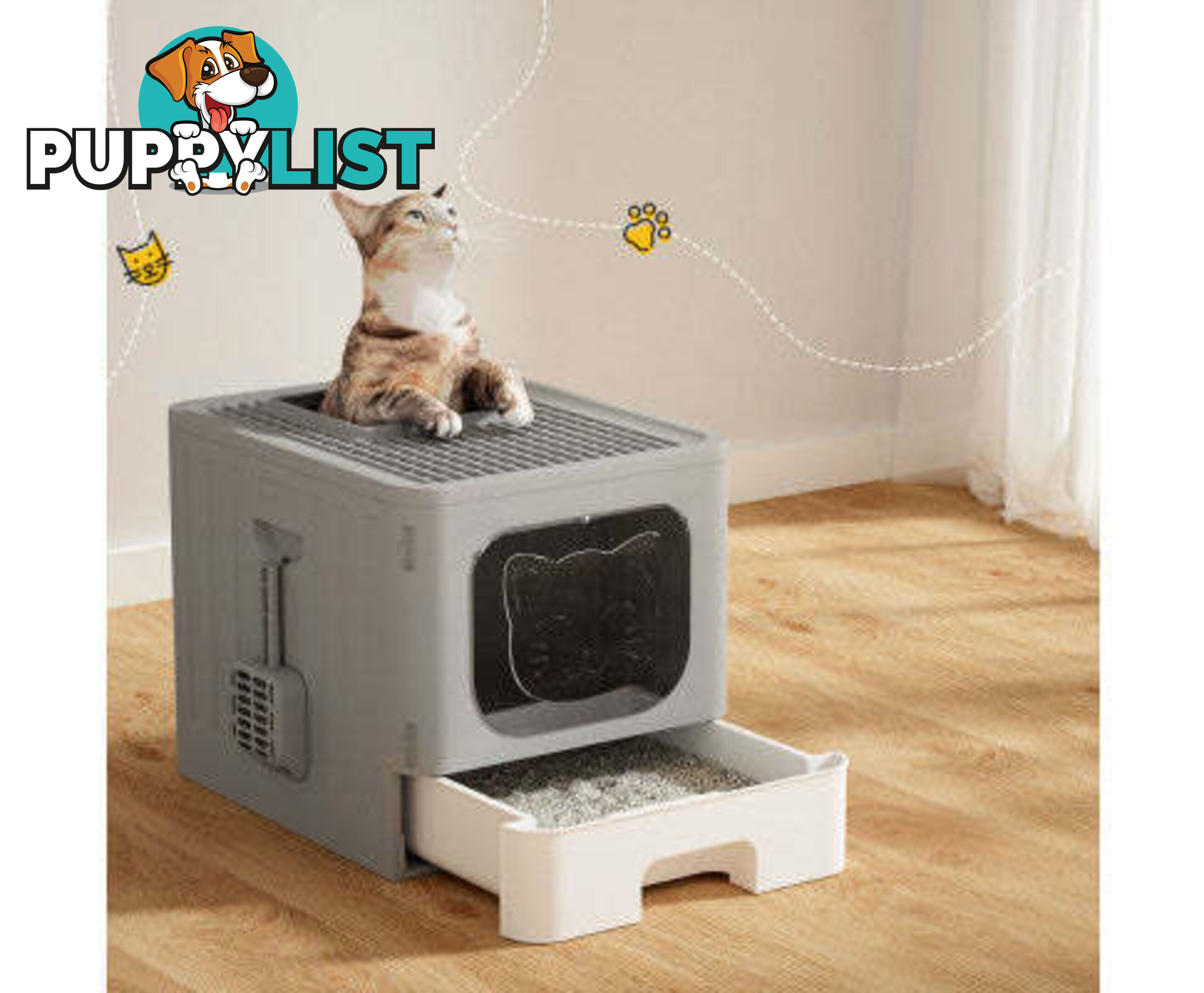 i.Pet Cat Litter Box Large Tray Kitty Toilet Enclosed Hooded Foldable Scoop Grey - PET-CLB-GR