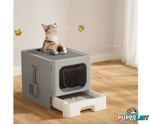 i.Pet Cat Litter Box Large Tray Kitty Toilet Enclosed Hooded Foldable Scoop Grey - PET-CLB-GR
