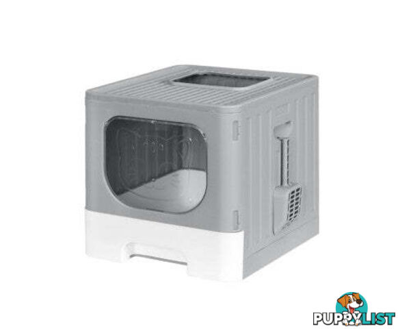 i.Pet Cat Litter Box Large Tray Kitty Toilet Enclosed Hooded Foldable Scoop Grey - PET-CLB-GR