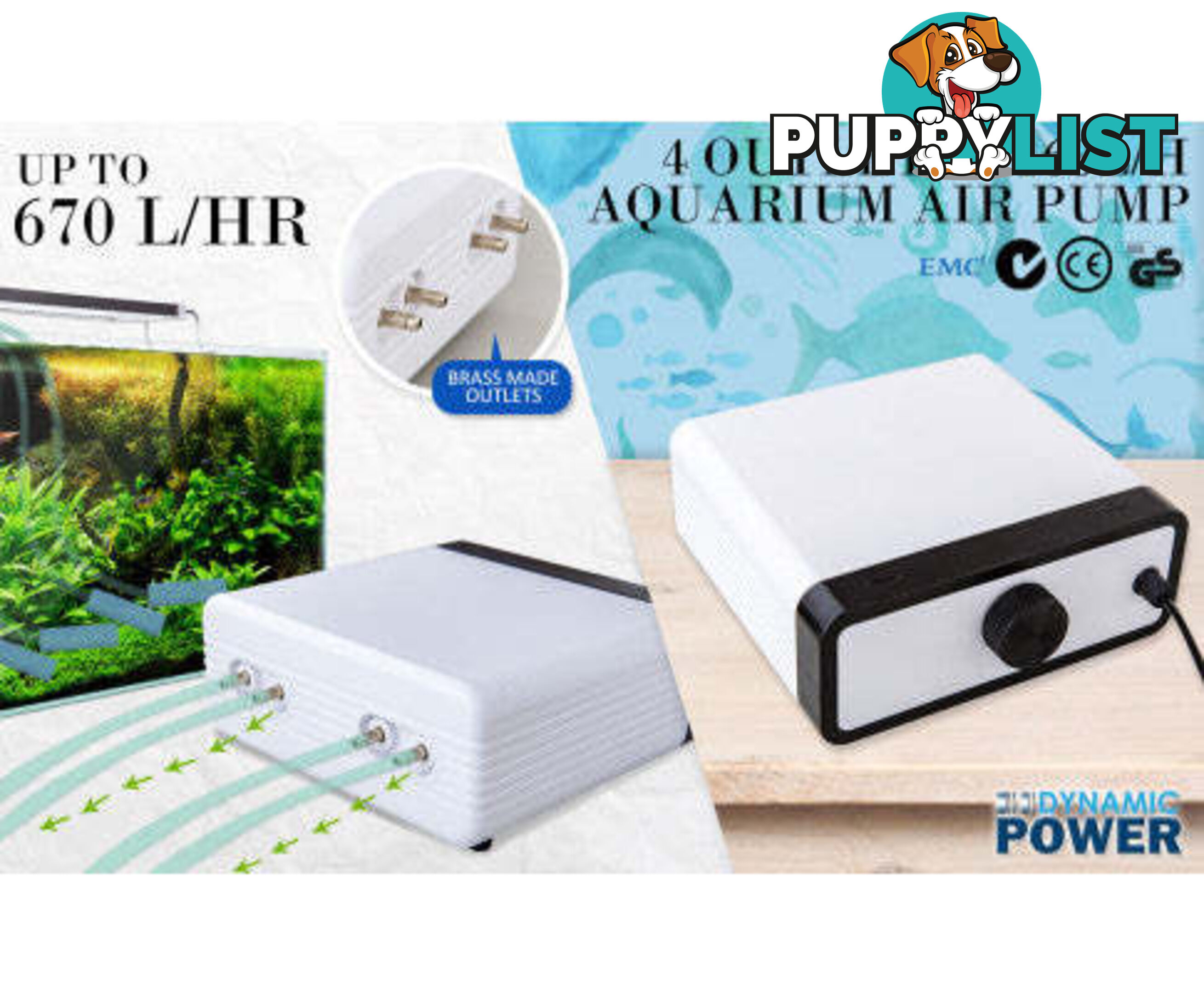Aquarium Air Pump Oxygen Hydroponic 4 Outlet 670L/H 8W WHITE - V274-AQ-CT404